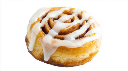 Close-up studio shot of a single cinnamon roll, featuring a high-key lighting setup against a pure white background. The roll exhibits a warm, golden-brown hue on its exterior, with a noticeable