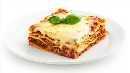 High-angle, close-up shot of a square portion of lasagna served on a white plate against a pure white background. The lasagna exhibits distinct layers of pasta, meat sauce, and melted cheese, with a