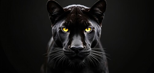 Striking illustration black panther with piercing yellow eyes on dark background. Powerful feline looks directly at viewer. Wild animal portrait embodies strength, danger, beauty. Ideal for wildlife