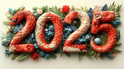 Number 2025 dragon scales floral accents decorative ornament Asian motif vivid colors fantasy illustration mythical creature holiday celebration cultural fusion design year number chinese zodiac