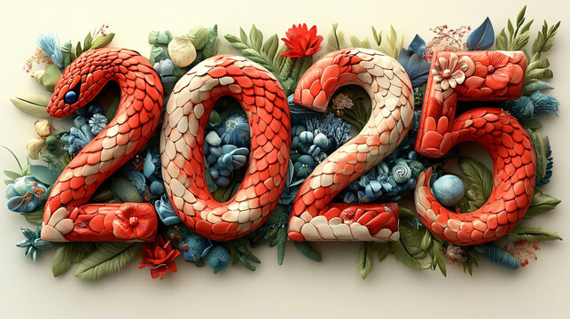 Number 2025 dragon scales floral accents decorative ornament Asian motif vivid colors fantasy illustration mythical creature holiday celebration cultural fusion design year number chinese zodiac