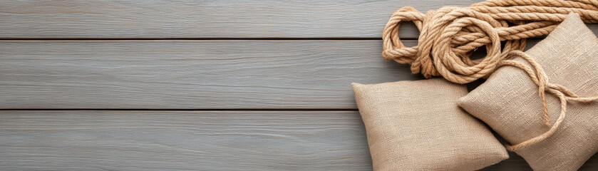 Linen bags and jute ropes on wooden surface create natural, earthy aesthetic