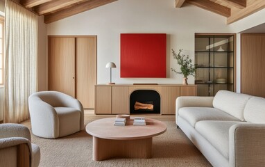 Modern Minimalist Living Room with Warm Tones and Natural Textures