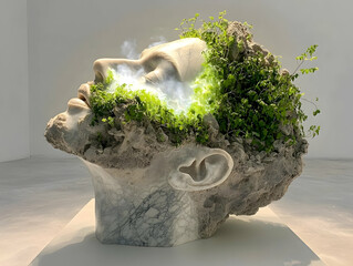 Stone Sculpture of a Man's Head with Growing Plants