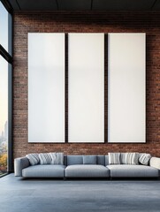 Modern Living Room with Empty Canvas Frames and Cozy Sofa