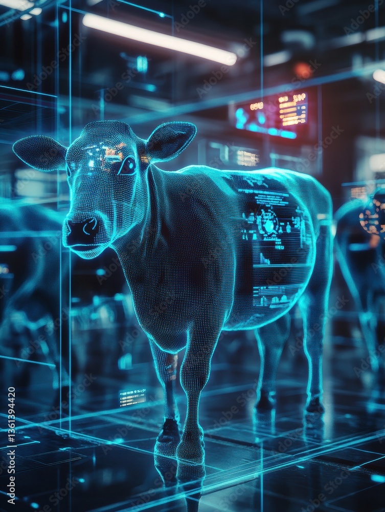 Fototapete High-tech smart farm with cows and sheep using biometric sensors and holographic data displays Generative AI