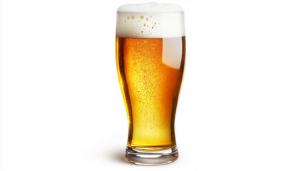 A studio shot against a white background depicts a tall, slender glass filled with a light amber-colored beer. The beer exhibits a substantial, creamy white head or foam at the top, with visible fine