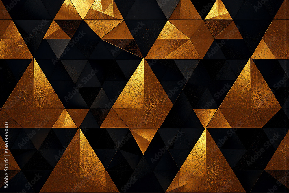 Poster abstract background featuring a repeating pattern of shiny golden triangles contrasted against dark,