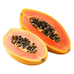 Freshly cut papaya halves with vibrant orange flesh and black seeds on a clean transparent background, Papaya on transparent background background