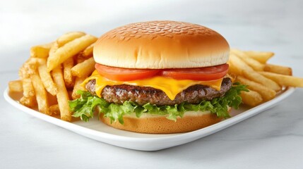 Juicy Cheeseburger with Fresh Vegetables and Crispy French Fries on a White Plate Background