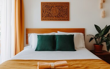 Cozy Bedroom with Green Pillows and Decorative Wooden Panel Art
