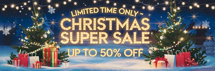 Winter wonderland Christmas sale scene with a snowy background, vibrant holiday decorations, twinkling stars, a festive 50 percent off sale banner glowing in golden light for seasonal shopping deals