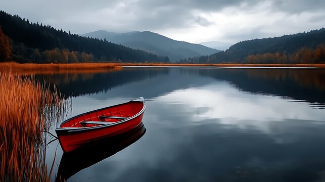 Red Rowboat on a Calm Autumn Lake, Mountain Reflections AI Generated
