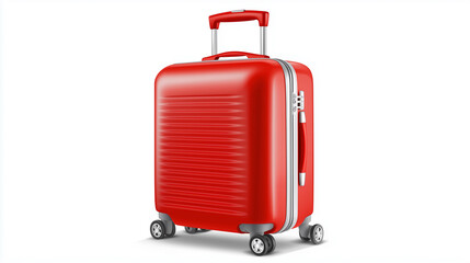 A studio shot of a vibrant red carry-on suitcase against a pure white background. The suitcase is depicted in a three-quarter view, showcasing its hard shell exterior with subtle horizontal lines, a