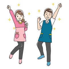 元気な若いエプロン姿の男女のカラーイラスト