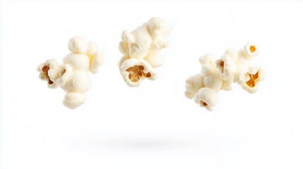 Fototapeta premium Three clusters of popcorn kernels are captured in mid-air against a pure white background. The kernels exhibit variations in size and shape, with some displaying a slightly irregular, almost ruffled