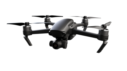 Close up view of a gray drone with a camera on black background