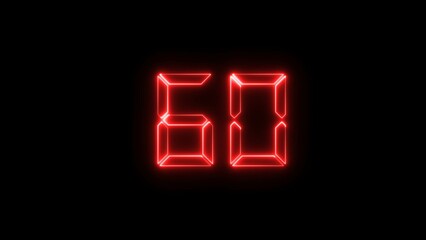 Abstract glowing red color neon countdown 60 number illustration background 4k.