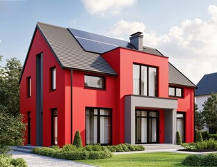 Modern Red House with Solar Panels Surrounded by Lush Greenery