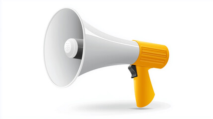 A digital illustration of a megaphone, predominantly white with an orange handle. The megaphone is depicted in a three-quarter perspective view against a pure white background, casting a subtle