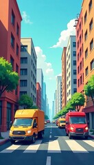 Obraz premium Illustration of various courier delivery vehicles and packages in urban setting, package, courier, transport