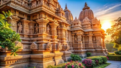 Obraz premium Intricate Stone Carvings on Shri Ram Temple bathed in Golden Light
