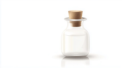 Close-up studio shot of a small, square-shaped, clear glass bottle with a light brown cork stopper. The bottle is filled with a colorless, transparent liquid. The bottle casts a subtle reflection on