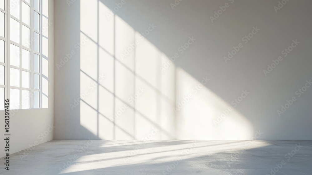 Poster bright minimalist interior with large windows casting shadows on empty walls in a modern setting