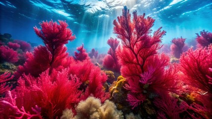Vivid Red Algae in Motion Underwater with Ethereal Light Effects