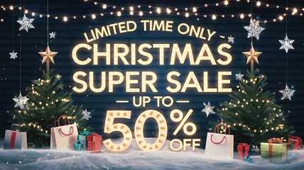 Winter wonderland Christmas sale scene with a snowy background, vibrant holiday decorations, twinkling stars, a festive 50 percent off sale banner glowing in golden light for seasonal shopping deals