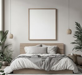 Minimalist bedroom interior with large wooden frame mockup.