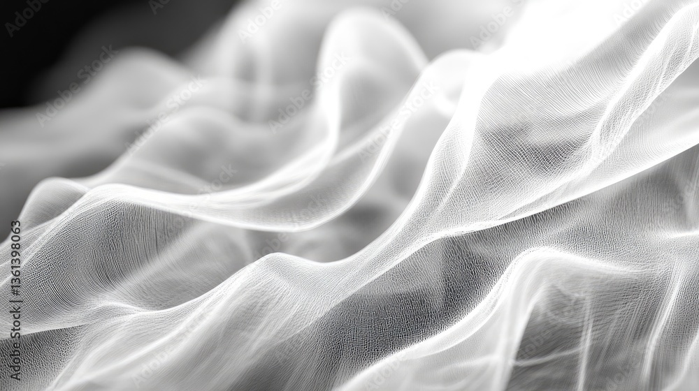 Poster Ethereal White Fabric Flowing Gracefully with Soft Light and Shadows Creating Textured Waves and Patterns in a Dreamy Atmosphere