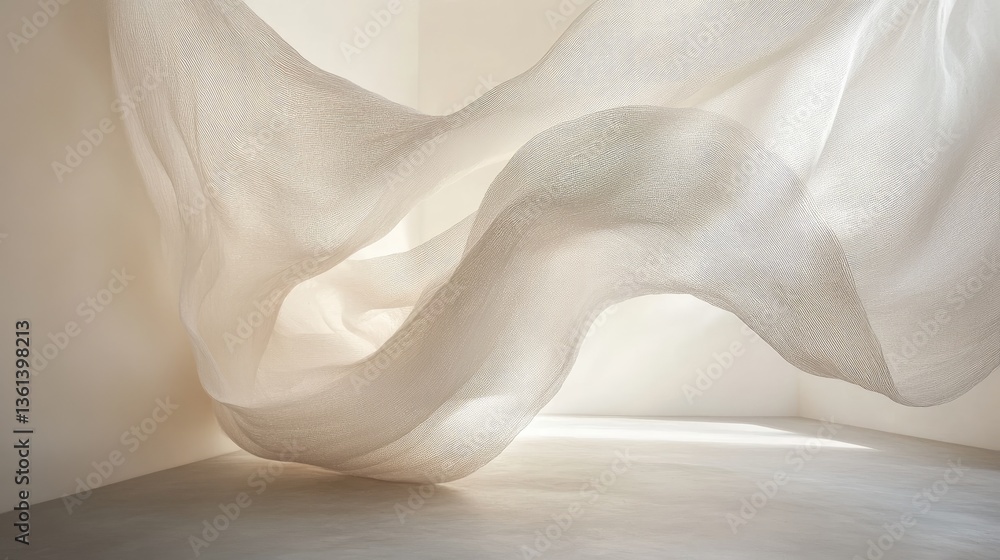 Poster flowing transparent fabric draped in minimalistic room with soft natural light and textured surface