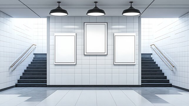Blank Advertisement Frames in Modern Subway Station 3D Render AI Generated