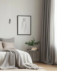 Minimalist bedroom interior with line art.