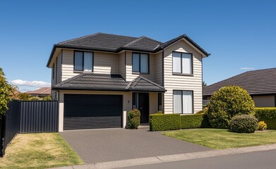 Modern Two-Story House with Garden and Driveway in Suburban Area