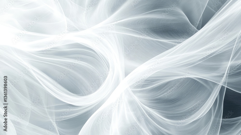Poster ethereal white flowing waves on soft grey background capturing serenity and lightness in digital art