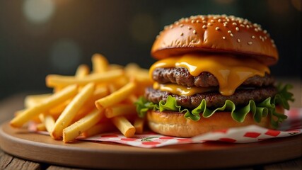 Delicious double cheeseburger with fries on a wooden plate