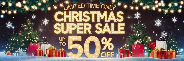 Winter wonderland Christmas sale scene with a snowy background, vibrant holiday decorations, twinkling stars, a festive 50 percent off sale banner glowing in golden light for seasonal shopping deals