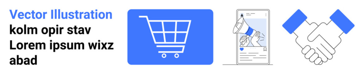 Shopping cart graphic, advertisement on mobile phone, handshake for partnership and trust-building. Ideal for e-commerce, digital marketing, collaboration, economy, growth strategy, consumer trust