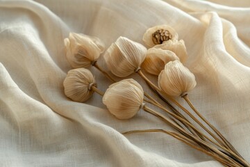 Delicate Beauty: An artistic display of fragile, cream-colored flowers arranged gracefully atop a textured fabric, whispering tales of elegance and serene simplicity