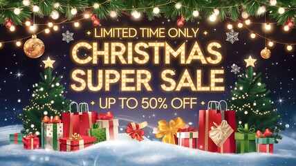 Winter wonderland Christmas sale scene with a snowy background, vibrant holiday decorations, twinkling stars, a festive 50 percent off sale banner glowing in golden light for seasonal shopping deals