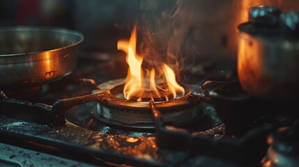 Flames dancing on a gas stove in a kitchen.