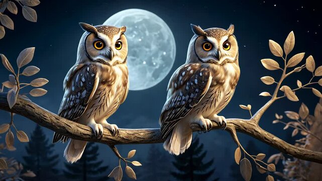 Two long eared owls sit perched on a branch under a full moon at night