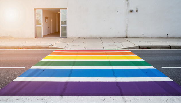 Rainbow Crosswalk on a sunny street with a white building background