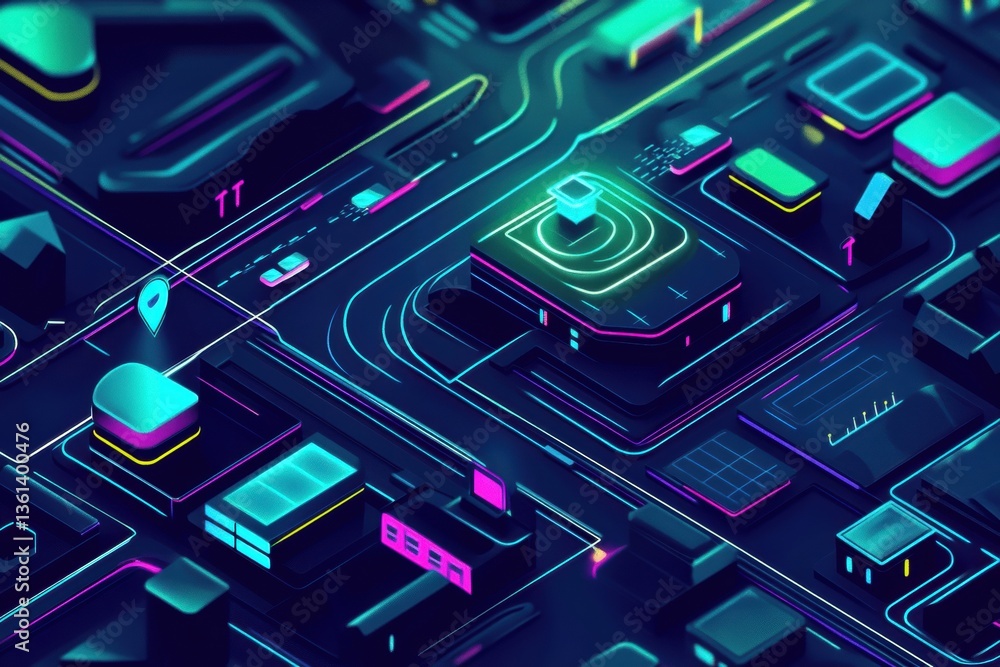 Leinwandbilder interactive map design showcasing grocery delivery routes with sleek ui and neon colors for enhanced