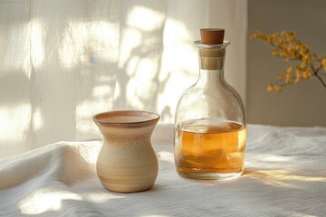 Obraz premium The Essence of Stillness: A glass jar and a pottery jar, gracefully placed on a draped cloth, cast intricate shadows and create a serene and atmospheric composition.