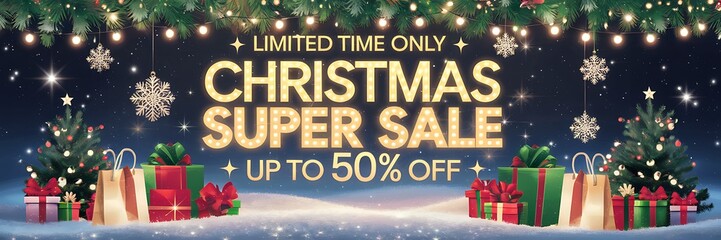 Winter wonderland Christmas sale scene with a snowy background, vibrant holiday decorations, twinkling stars, a festive 50 percent off sale banner glowing in golden light for seasonal shopping deals