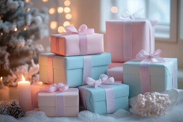 Christmas Gifts Elegance: An elegant display of beautifully wrapped presents, perfect for the holiday season, symbolizing the warmth of Christmas, capturing the anticipation and joy of gift-giving.