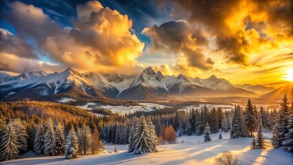 Obraz premium Majestic Sunset Over Snow-Capped Tatra Mountains and Lush Forests